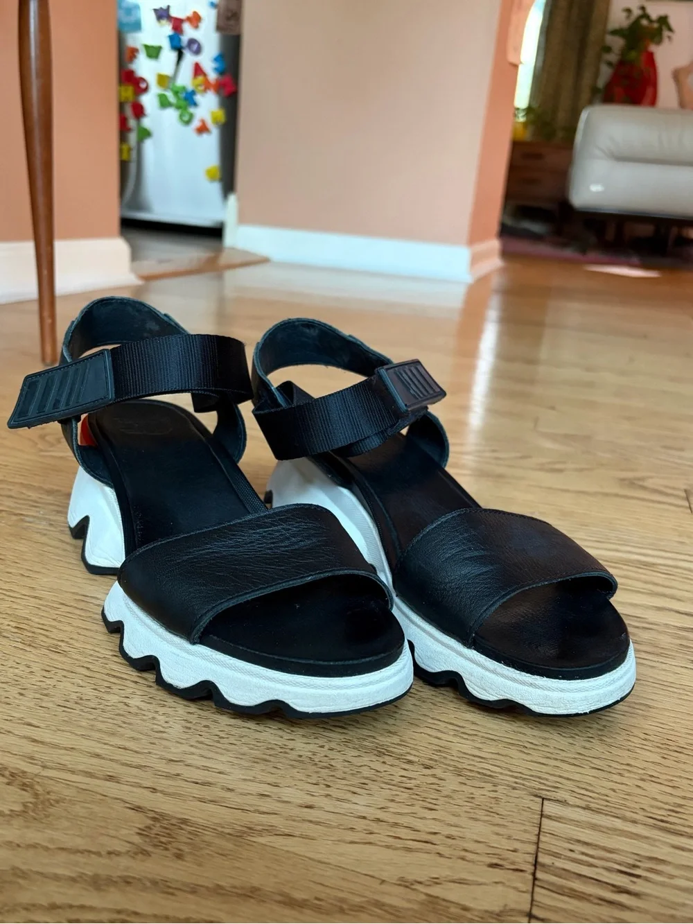Sorel Kinetic Black and White Platform Sandals - Picture 2 of 11